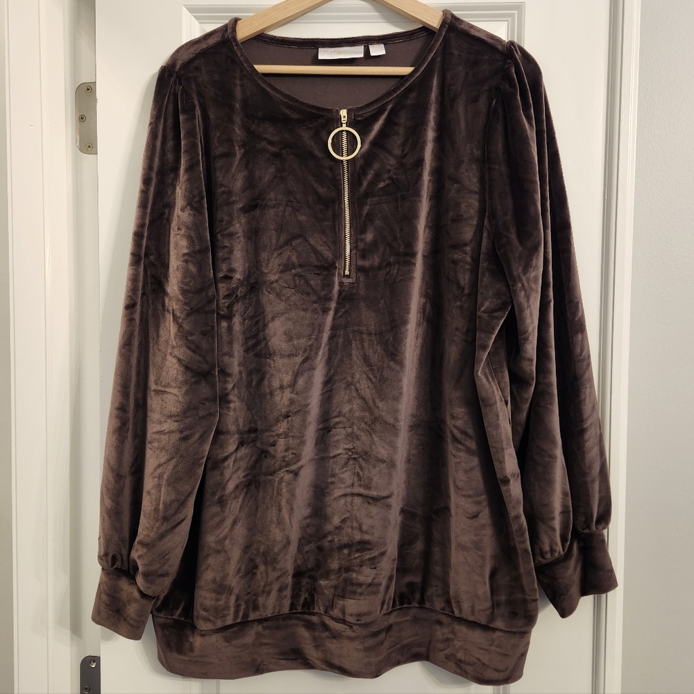 Kim Gravel Brown Velour Zip Neck Pullover Top Women’s XL NWT